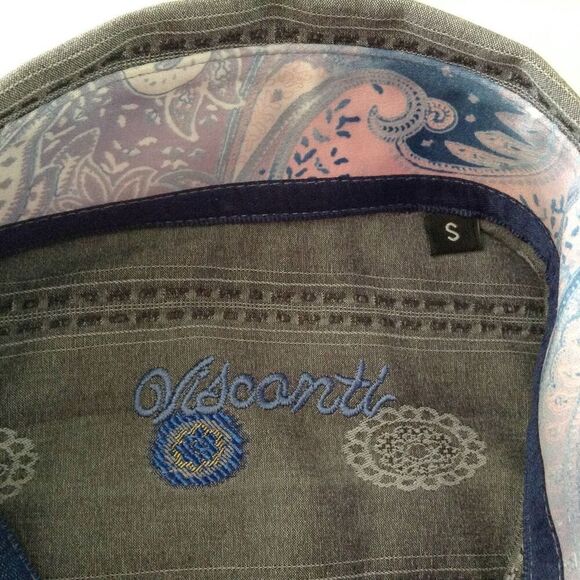 Visconti Shirt Mens Small Gray Blue Striped Medalions Flip Cuffs Business Casual - Picture 4 of 4